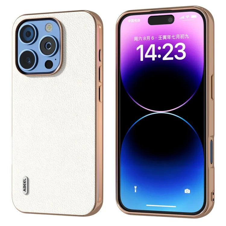 ABEEL For iPhone 16 Pro Max Case Electroplating Edge Genuine Cow Leather+PC+TPU Phone Cover