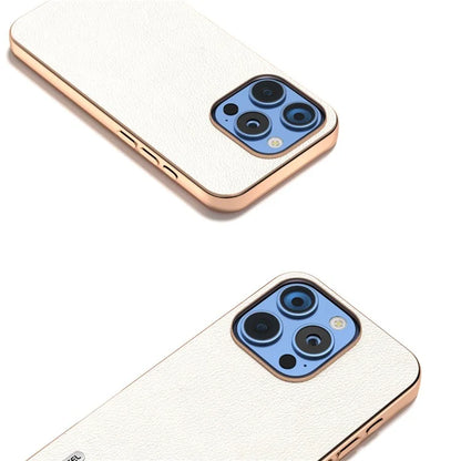 ABEEL For iPhone 16 Pro Max Case Electroplating Edge Genuine Cow Leather+PC+TPU Phone Cover