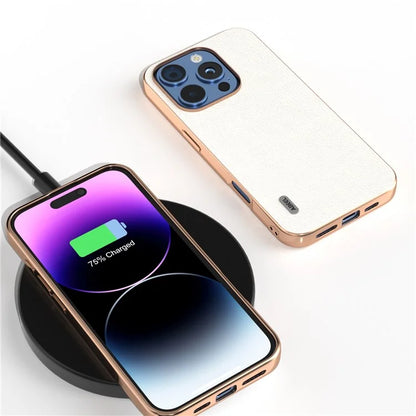 ABEEL For iPhone 16 Pro Max Case Electroplating Edge Genuine Cow Leather+PC+TPU Phone Cover