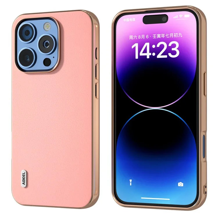 ABEEL For iPhone 16 Pro Max Case Electroplating Edge Genuine Cow Leather+PC+TPU Phone Cover