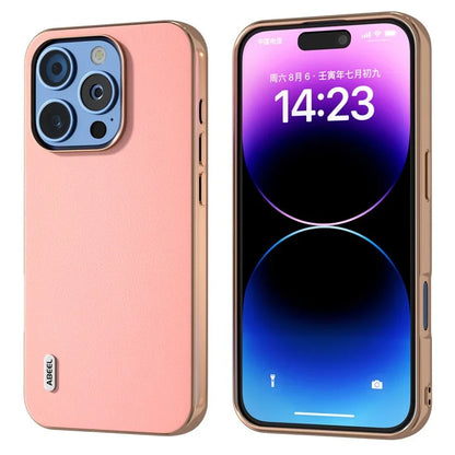 ABEEL For iPhone 16 Pro Max Case Electroplating Edge Genuine Cow Leather+PC+TPU Phone Cover