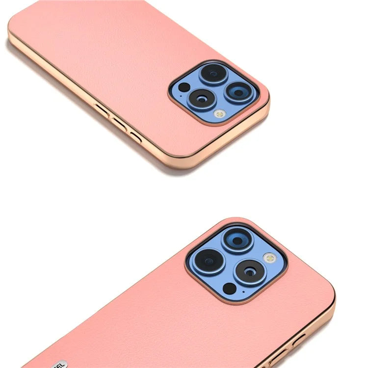ABEEL For iPhone 16 Pro Max Case Electroplating Edge Genuine Cow Leather+PC+TPU Phone Cover