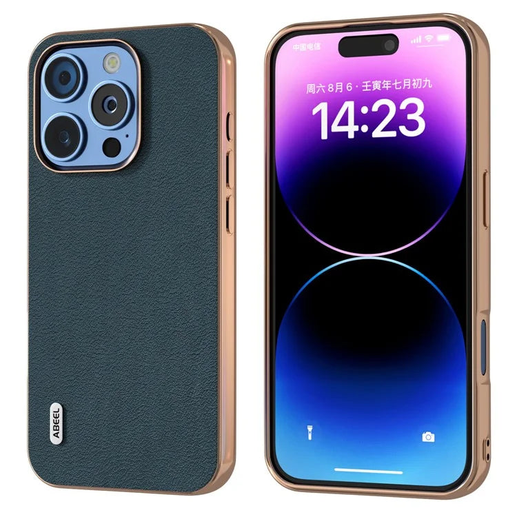 ABEEL For iPhone 16 Pro Max Case Electroplating Edge Genuine Cow Leather+PC+TPU Phone Cover