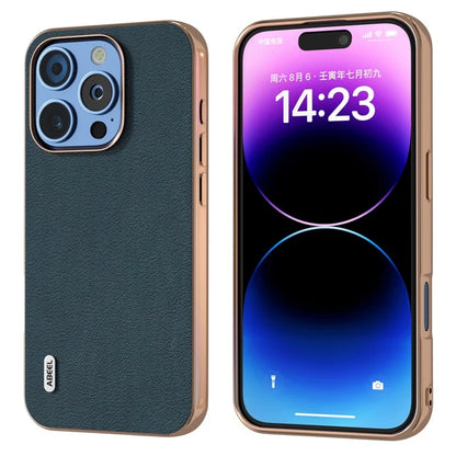 ABEEL For iPhone 16 Pro Max Case Electroplating Edge Genuine Cow Leather+PC+TPU Phone Cover