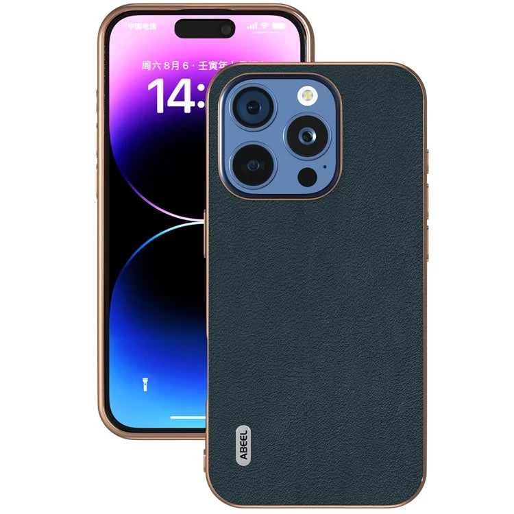ABEEL For iPhone 16 Pro Max Case Electroplating Edge Genuine Cow Leather+PC+TPU Phone Cover