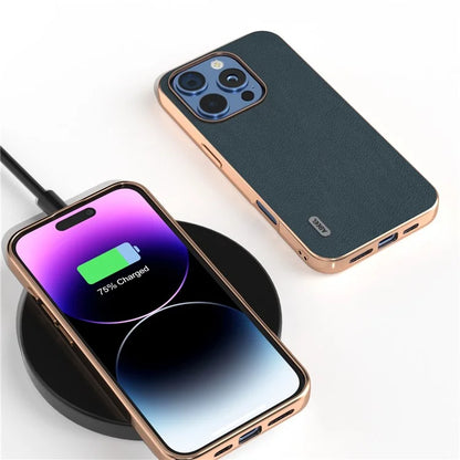ABEEL For iPhone 16 Pro Max Case Electroplating Edge Genuine Cow Leather+PC+TPU Phone Cover