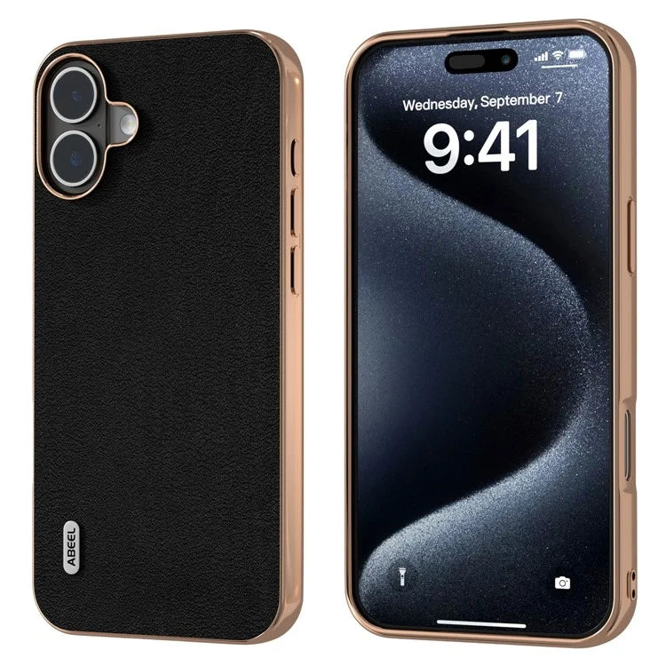 ABEEL For iPhone 16 Plus Case Electroplating Edge Genuine Cow Leather+PC+TPU Phone Cover