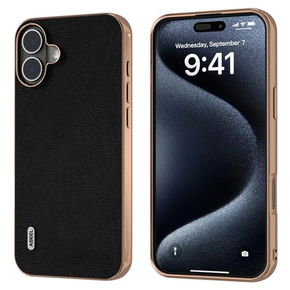 ABEEL For iPhone 16 Plus Case Electroplating Edge Genuine Cow Leather+PC+TPU Phone Cover