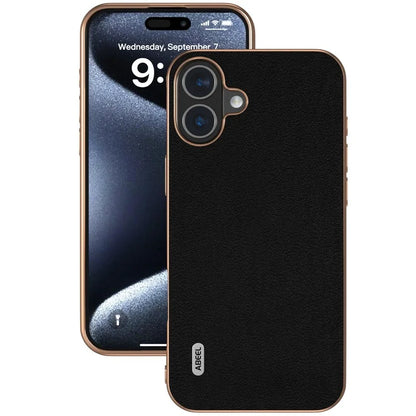 ABEEL For iPhone 16 Plus Case Electroplating Edge Genuine Cow Leather+PC+TPU Phone Cover