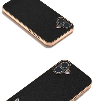 ABEEL For iPhone 16 Plus Case Electroplating Edge Genuine Cow Leather+PC+TPU Phone Cover