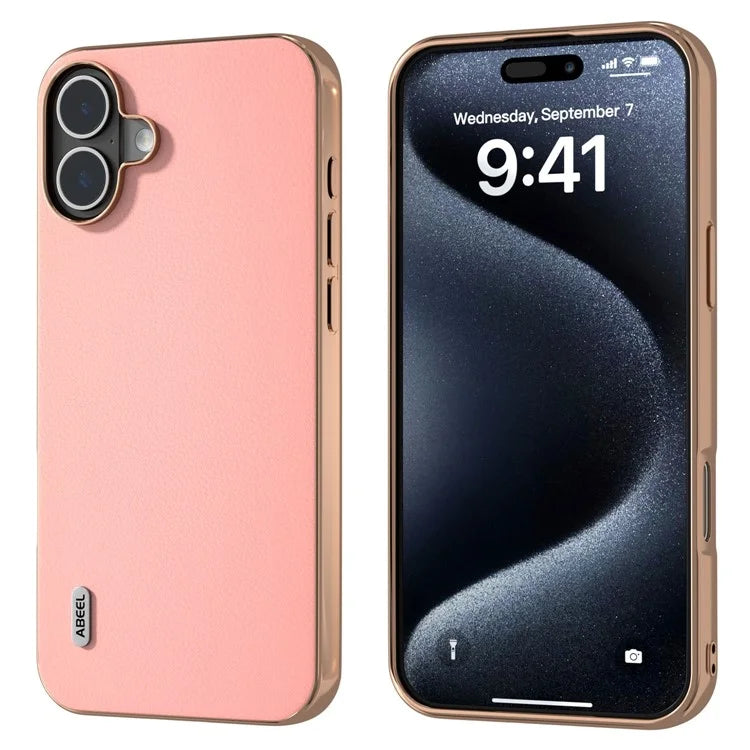ABEEL For iPhone 16 Plus Case Electroplating Edge Genuine Cow Leather+PC+TPU Phone Cover