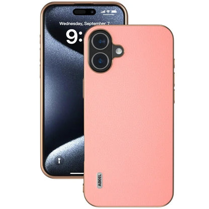 ABEEL For iPhone 16 Plus Case Electroplating Edge Genuine Cow Leather+PC+TPU Phone Cover