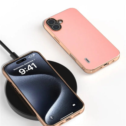 ABEEL For iPhone 16 Plus Case Electroplating Edge Genuine Cow Leather+PC+TPU Phone Cover