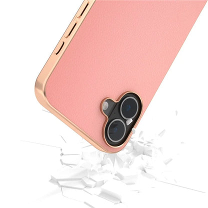 ABEEL For iPhone 16 Plus Case Electroplating Edge Genuine Cow Leather+PC+TPU Phone Cover