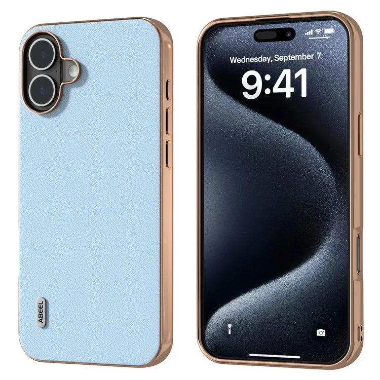 ABEEL For iPhone 16 Plus Case Electroplating Edge Genuine Cow Leather+PC+TPU Phone Cover