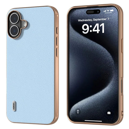 ABEEL For iPhone 16 Plus Case Electroplating Edge Genuine Cow Leather+PC+TPU Phone Cover