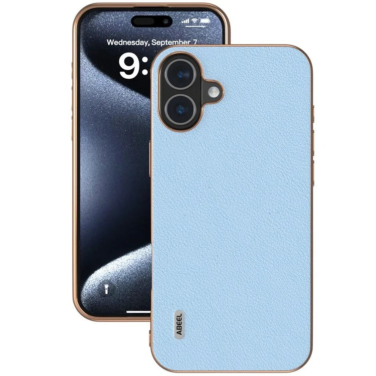ABEEL For iPhone 16 Plus Case Electroplating Edge Genuine Cow Leather+PC+TPU Phone Cover