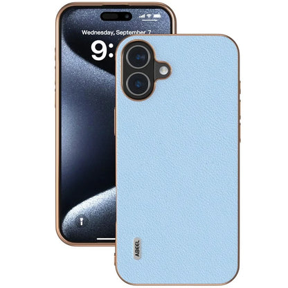 ABEEL For iPhone 16 Plus Case Electroplating Edge Genuine Cow Leather+PC+TPU Phone Cover