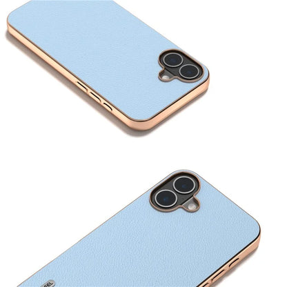ABEEL For iPhone 16 Plus Case Electroplating Edge Genuine Cow Leather+PC+TPU Phone Cover