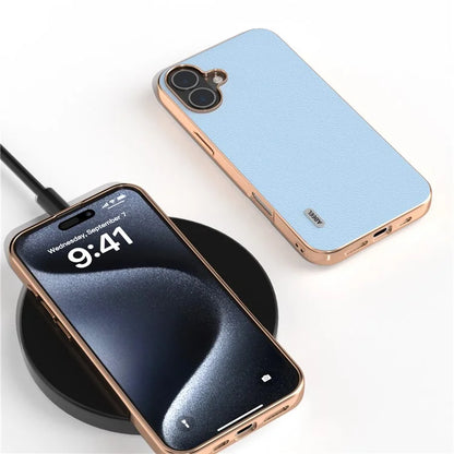 ABEEL For iPhone 16 Plus Case Electroplating Edge Genuine Cow Leather+PC+TPU Phone Cover