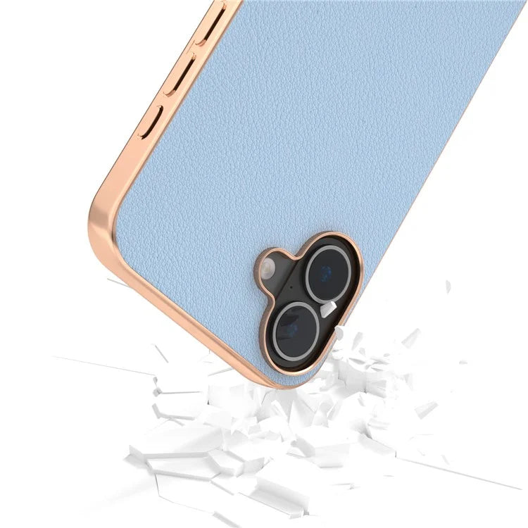 ABEEL For iPhone 16 Plus Case Electroplating Edge Genuine Cow Leather+PC+TPU Phone Cover