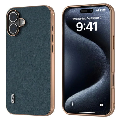 ABEEL For iPhone 16 Plus Case Electroplating Edge Genuine Cow Leather+PC+TPU Phone Cover