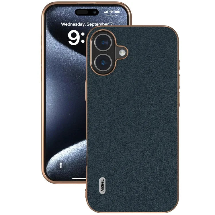 ABEEL For iPhone 16 Plus Case Electroplating Edge Genuine Cow Leather+PC+TPU Phone Cover