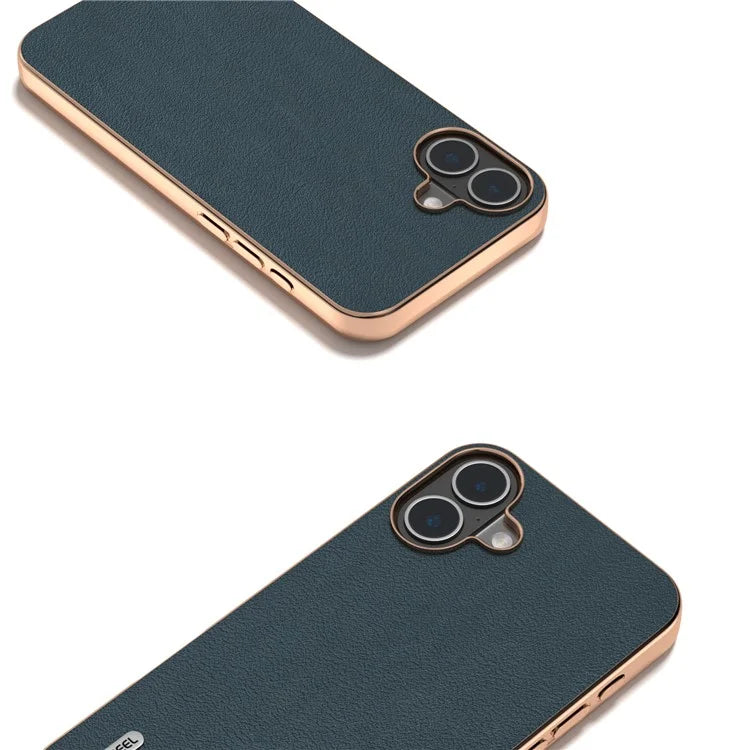 ABEEL For iPhone 16 Plus Case Electroplating Edge Genuine Cow Leather+PC+TPU Phone Cover