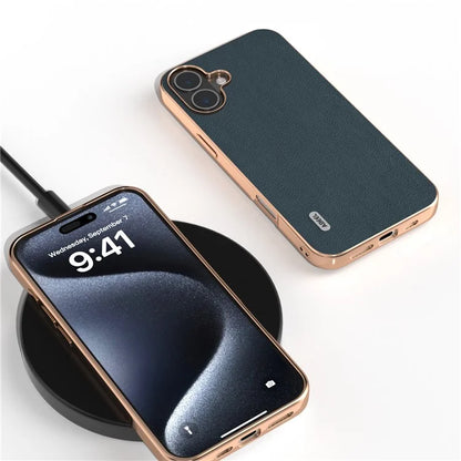 ABEEL For iPhone 16 Plus Case Electroplating Edge Genuine Cow Leather+PC+TPU Phone Cover