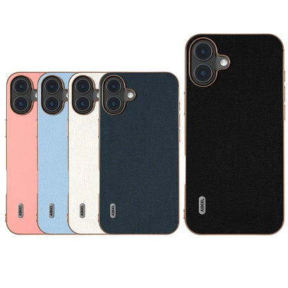 ABEEL For iPhone 16 Plus Case Electroplating Edge Genuine Cow Leather+PC+TPU Phone Cover