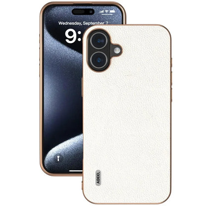 ABEEL For iPhone 16 Plus Case Electroplating Edge Genuine Cow Leather+PC+TPU Phone Cover