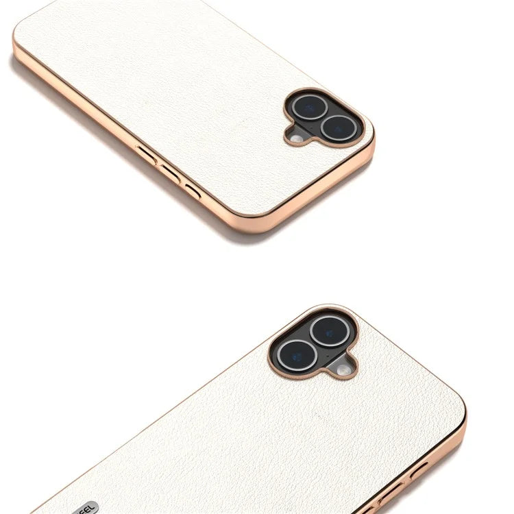 ABEEL For iPhone 16 Plus Case Electroplating Edge Genuine Cow Leather+PC+TPU Phone Cover