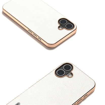 ABEEL For iPhone 16 Plus Case Electroplating Edge Genuine Cow Leather+PC+TPU Phone Cover