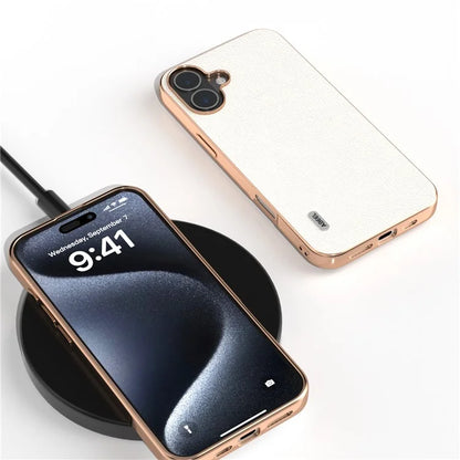 ABEEL For iPhone 16 Plus Case Electroplating Edge Genuine Cow Leather+PC+TPU Phone Cover