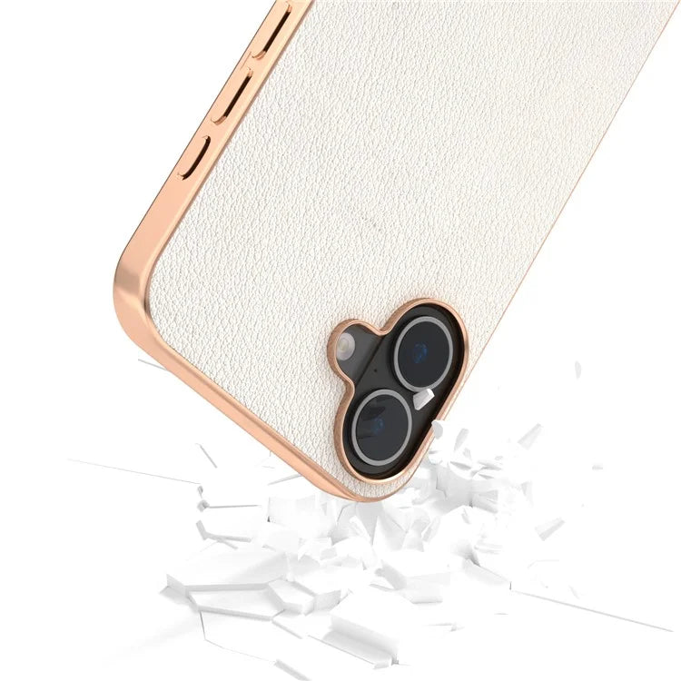 ABEEL For iPhone 16 Plus Case Electroplating Edge Genuine Cow Leather+PC+TPU Phone Cover