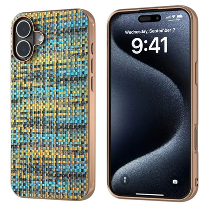 For iPhone 16 Case Electroplating Edge Plaid Texture PU Leather+PC+TPU Phone Cover