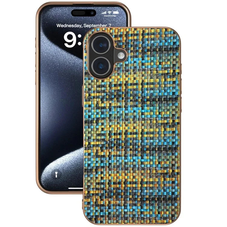 For iPhone 16 Case Electroplating Edge Plaid Texture PU Leather+PC+TPU Phone Cover