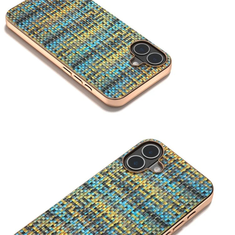 For iPhone 16 Case Electroplating Edge Plaid Texture PU Leather+PC+TPU Phone Cover