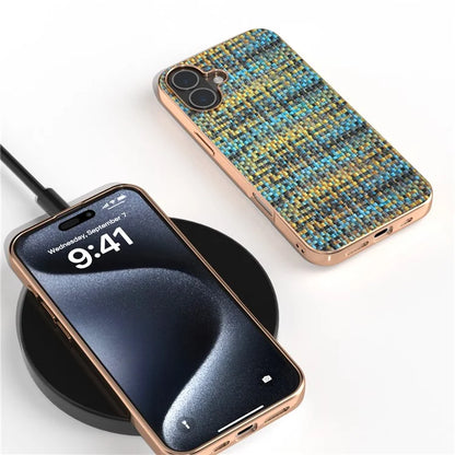 For iPhone 16 Case Electroplating Edge Plaid Texture PU Leather+PC+TPU Phone Cover