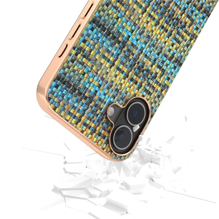 For iPhone 16 Case Electroplating Edge Plaid Texture PU Leather+PC+TPU Phone Cover