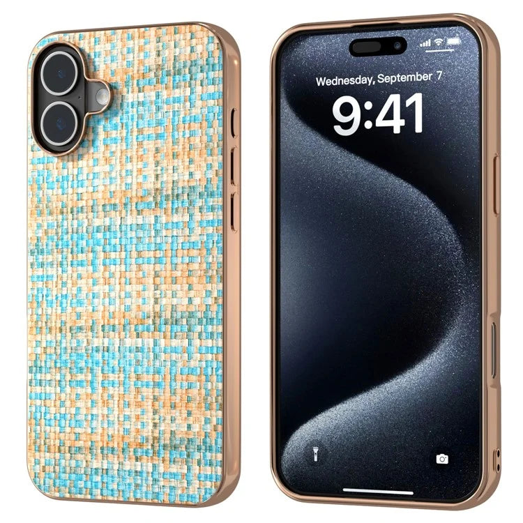 For iPhone 16 Case Electroplating Edge Plaid Texture PU Leather+PC+TPU Phone Cover