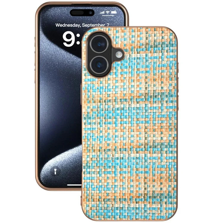 For iPhone 16 Case Electroplating Edge Plaid Texture PU Leather+PC+TPU Phone Cover