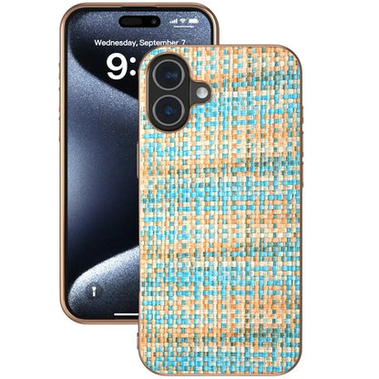 For iPhone 16 Case Electroplating Edge Plaid Texture PU Leather+PC+TPU Phone Cover