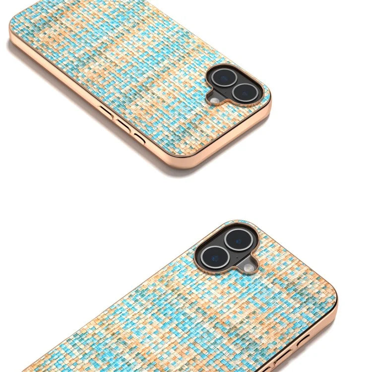 For iPhone 16 Case Electroplating Edge Plaid Texture PU Leather+PC+TPU Phone Cover