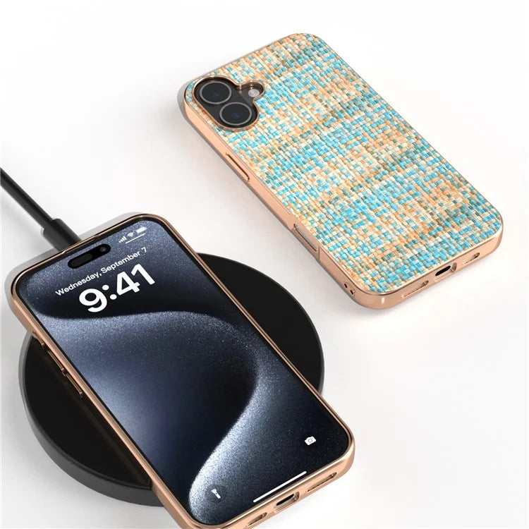 For iPhone 16 Case Electroplating Edge Plaid Texture PU Leather+PC+TPU Phone Cover