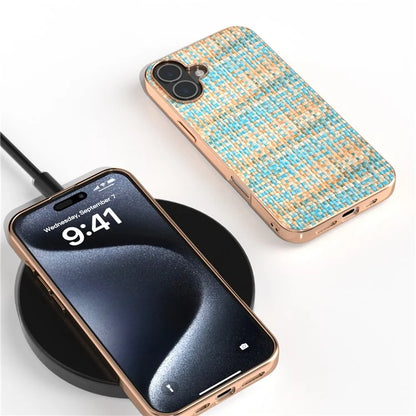 For iPhone 16 Case Electroplating Edge Plaid Texture PU Leather+PC+TPU Phone Cover