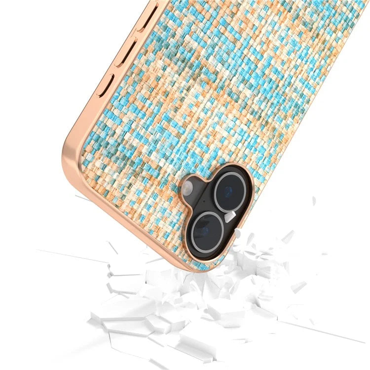 For iPhone 16 Case Electroplating Edge Plaid Texture PU Leather+PC+TPU Phone Cover