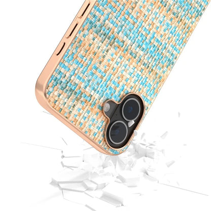 For iPhone 16 Case Electroplating Edge Plaid Texture PU Leather+PC+TPU Phone Cover