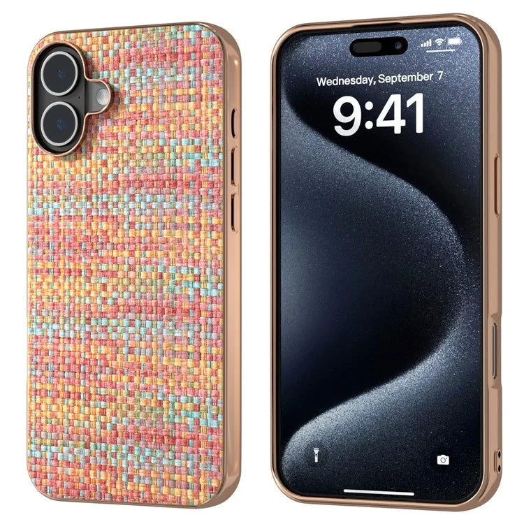 For iPhone 16 Case Electroplating Edge Plaid Texture PU Leather+PC+TPU Phone Cover