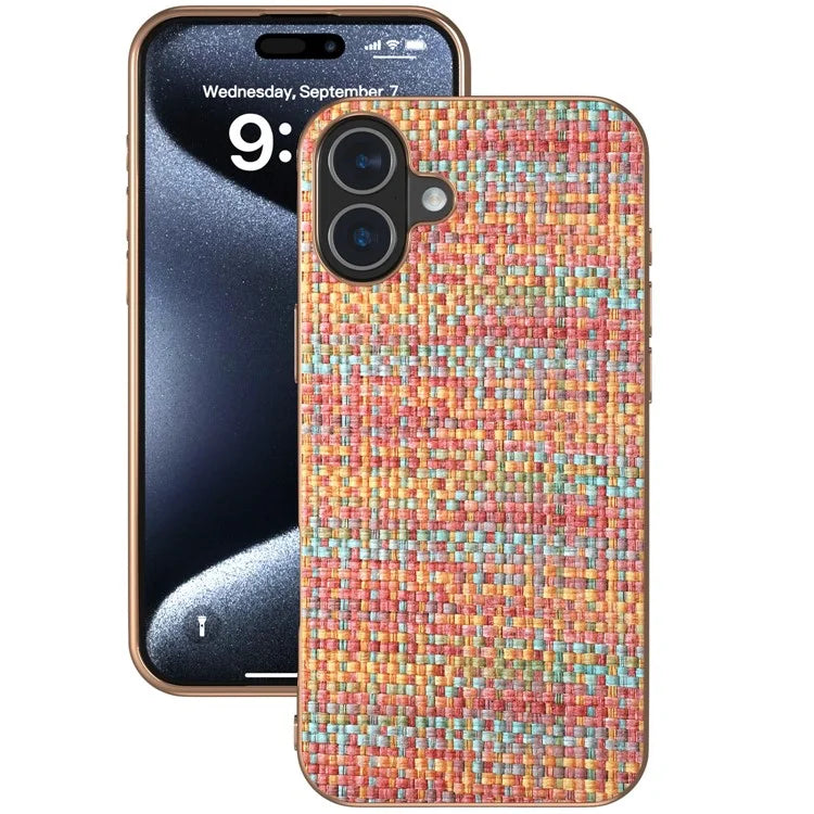 For iPhone 16 Case Electroplating Edge Plaid Texture PU Leather+PC+TPU Phone Cover